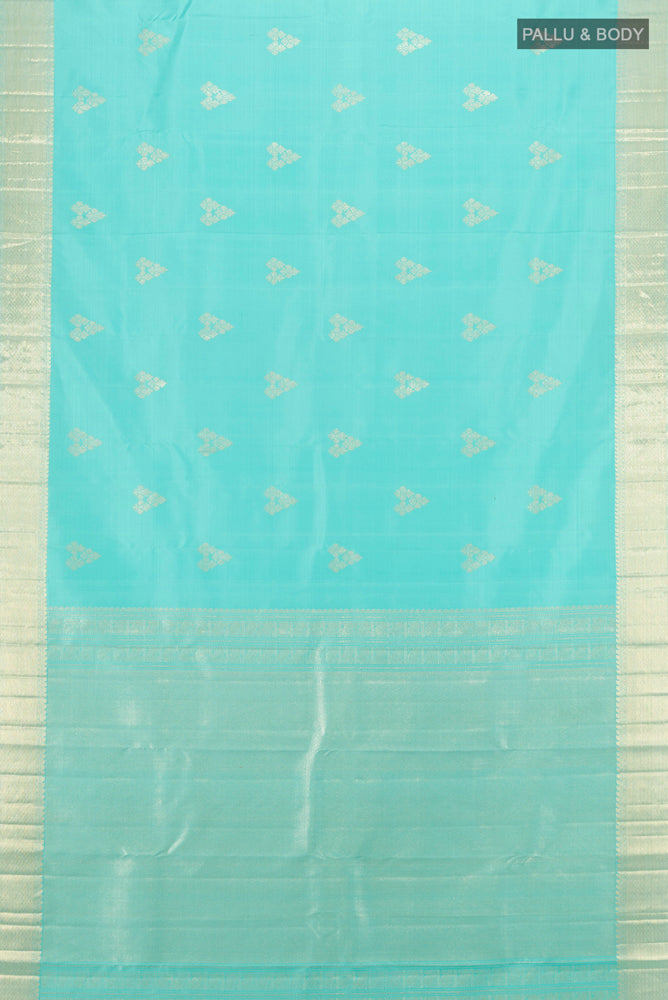 Flat view of Pure Silk Pure Zari Sky Blue Kanjivaram Saree with Zari Butta on the body and Silk Border. 