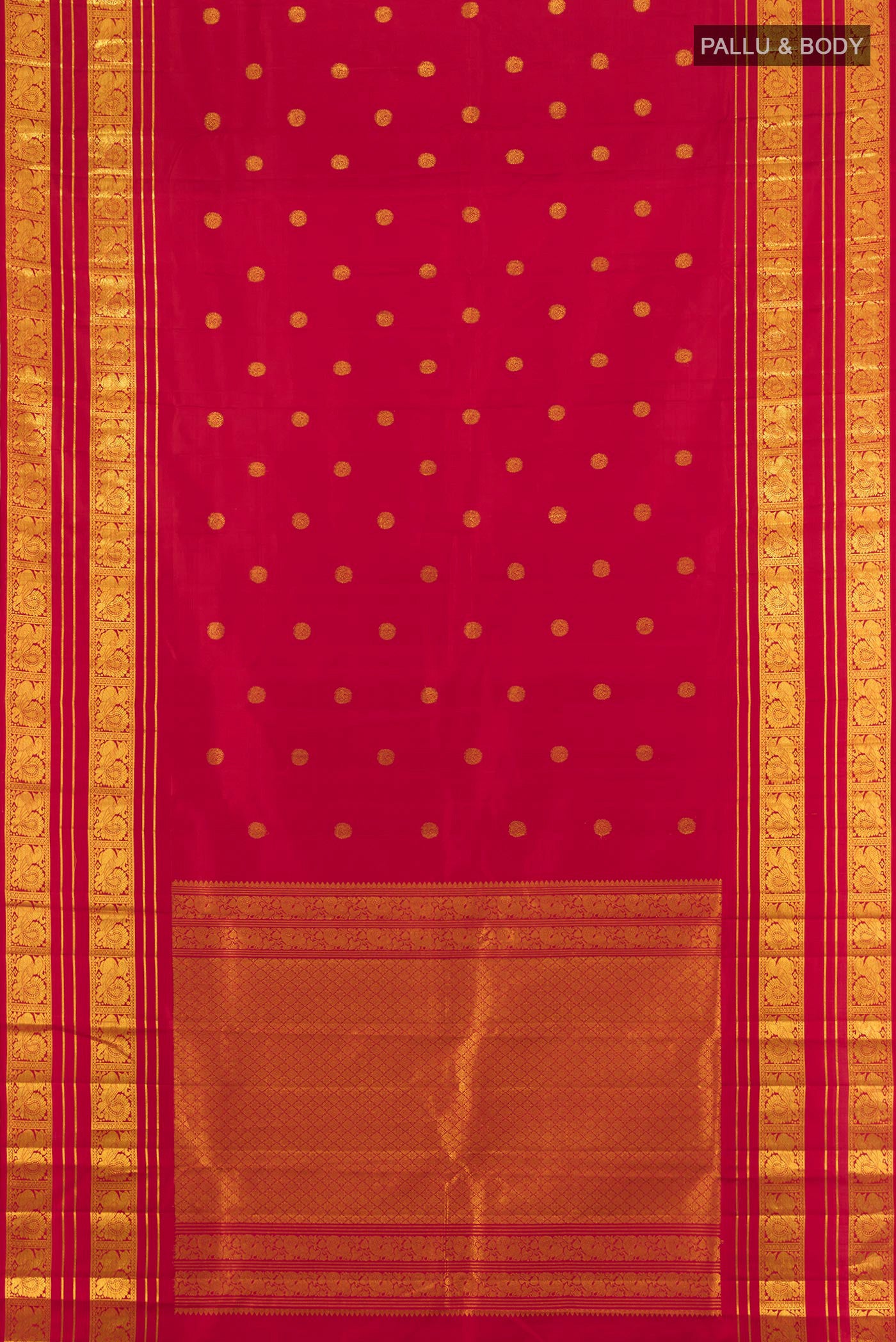 Flat view of Red Kanjivaram Silk Saree with Zari Butta on the body and Zari Border. 