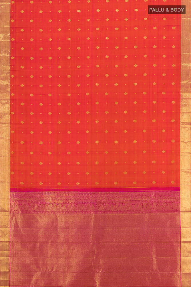 Flat view of Peach Kanjivaram Silk Saree with Zari Butta on the body and Silk Border. 