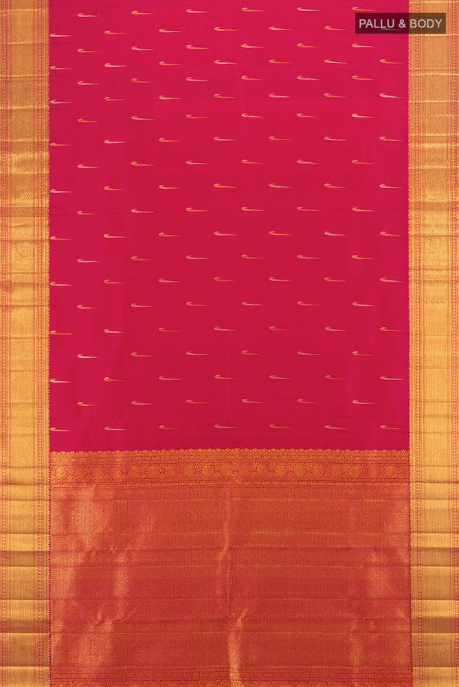 Flat view of Pure Silk Pure Zari Peach Kanjivaram Saree with Zari Butta on the body and Silk Border. 
