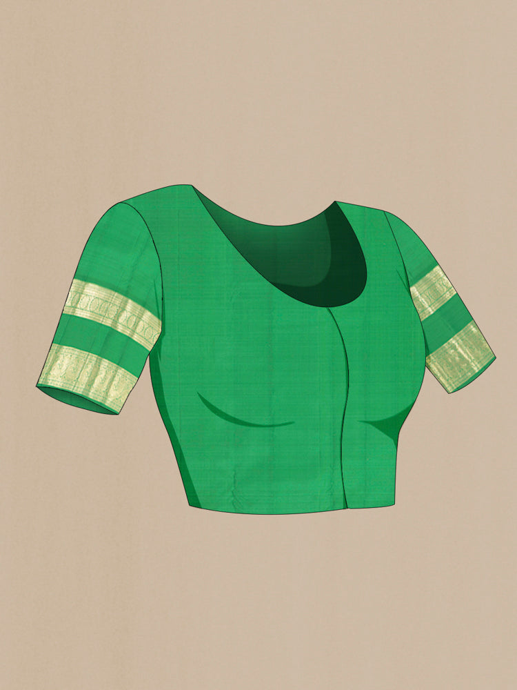 Close up image of the blouse of Pure Silk Pure Zari Sky Blue Kanchipuram Saree with Zari Butta on the body and Silk Border. 