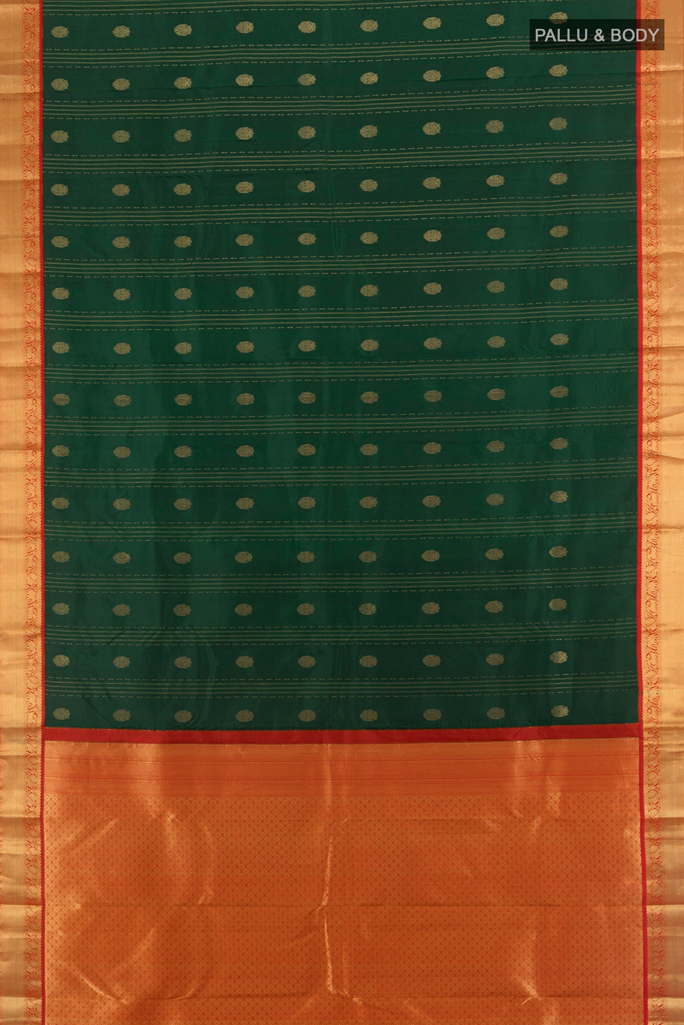 Flat view of Bottle Green Kanchipuram Silk Saree with Zari Butta on the body and Silk Border. 