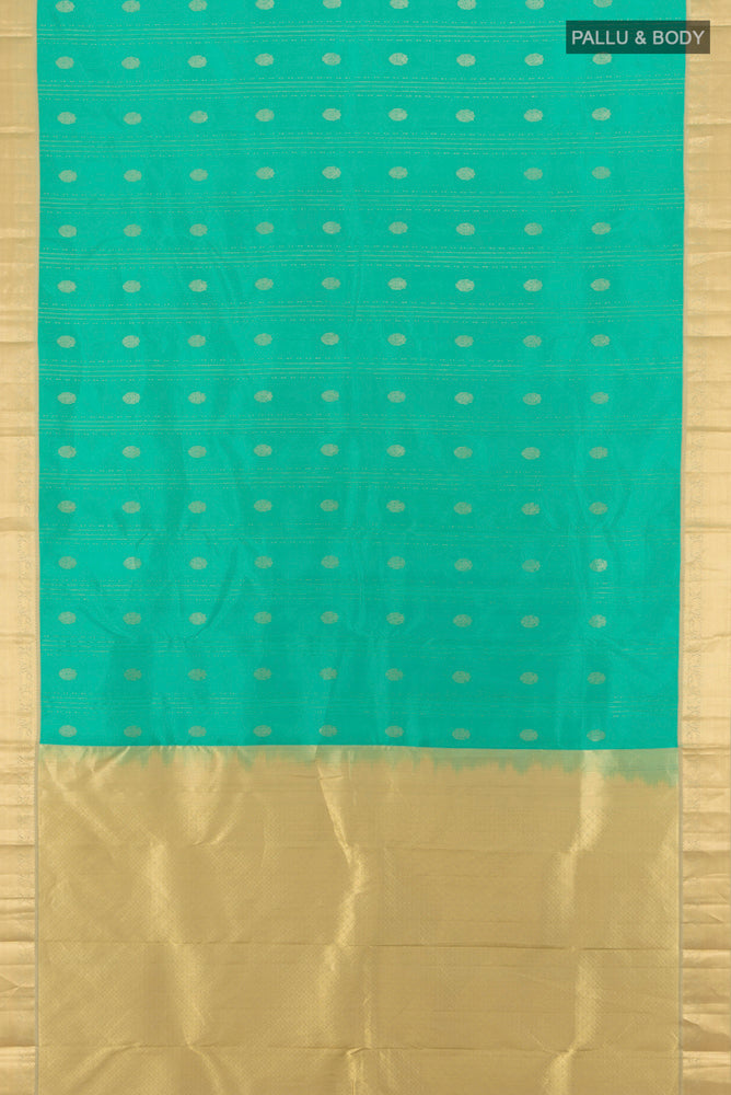 Flat view of Sky Blue Kanchipuram Silk Saree with Zari Butta on the body and Silk Border. 