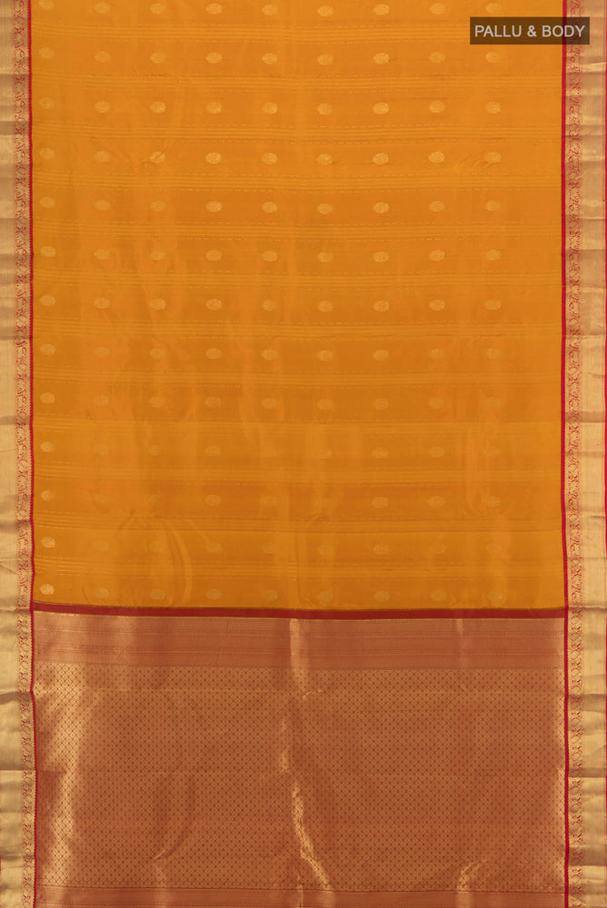 Flat view of Pure Silk Pure Zari Mustard Kanchipuram Saree with Zari Brocade on the body and Silk Border. 