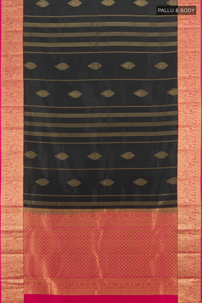 Flat view of Black Kanchipuram Silk Saree with Zari Butta on the body and Silk Border. 