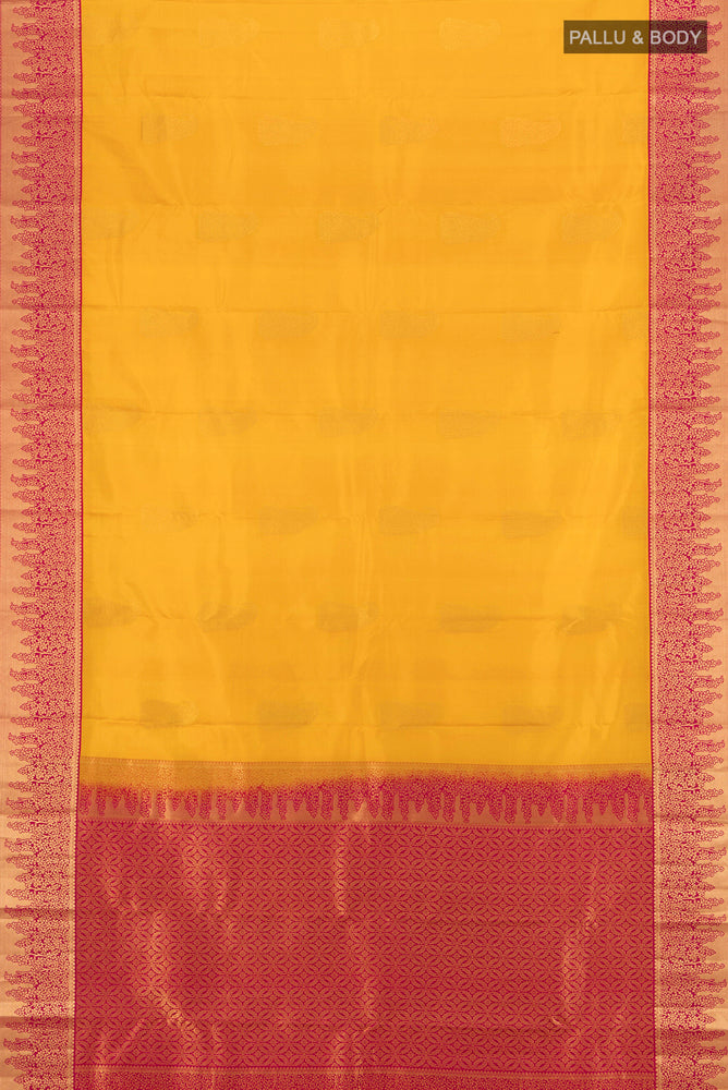Flat view of Pure Silk Pure Zari Yellow Kanchipuram Saree with Zari Butta on the body and Silk Border. 