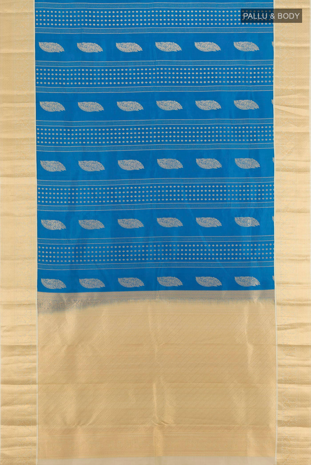 Flat view of Blue Kanjivaram Silk Saree with Zari Butta on the body and Zari Border. 
