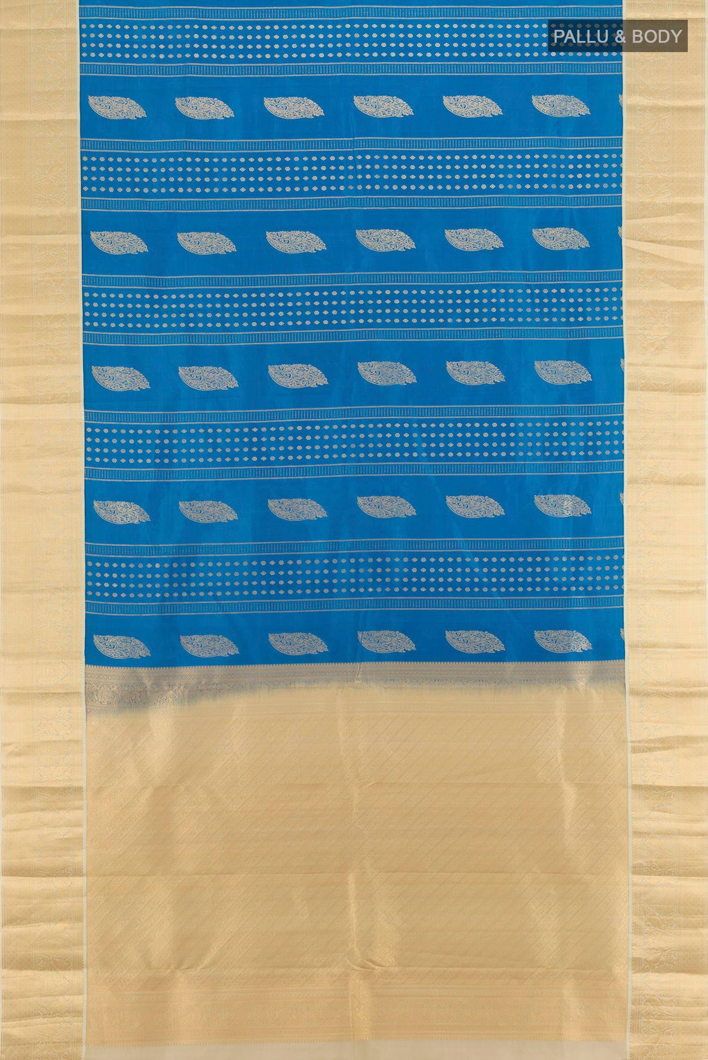 Flat view of Blue Kanjivaram Silk Saree with Zari Butta on the body and Zari Border. 