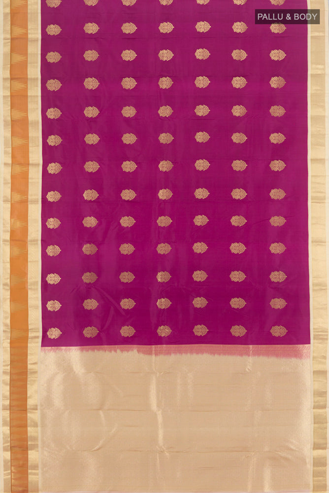 Flat view of Pure Silk Pure Zari Purple Kanjivaram Saree with Zari Butta on the body and Silk Border. 