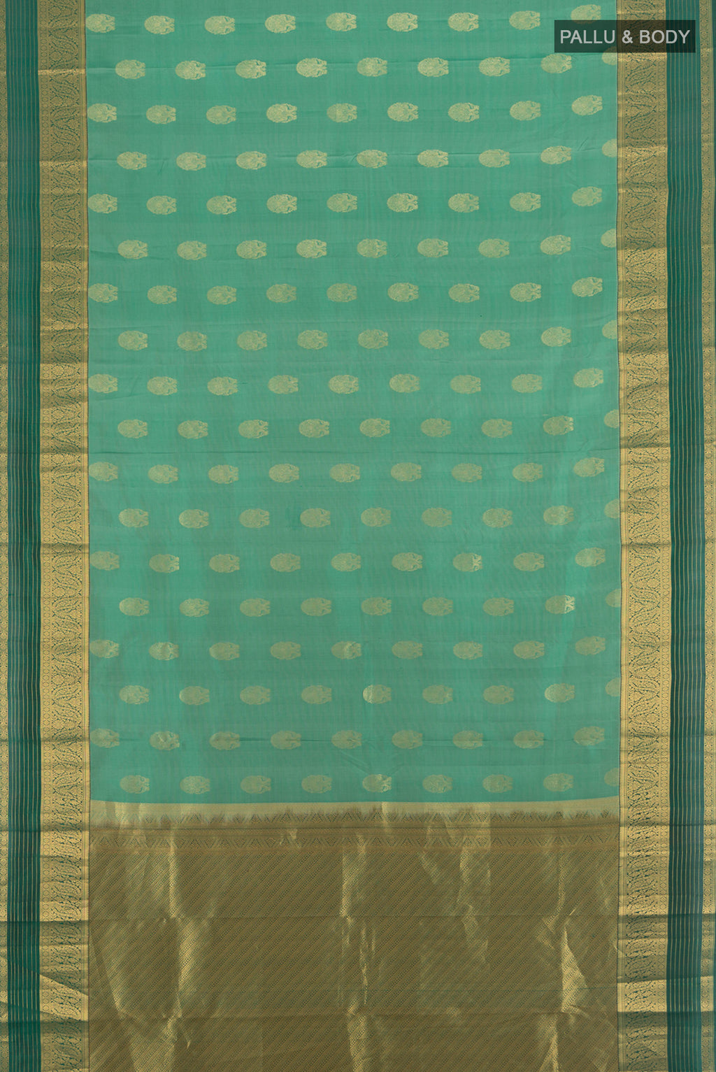 Flat view of Light Green Kanchipuram Silk Saree with Zari Butta on the body and Zari Border. 