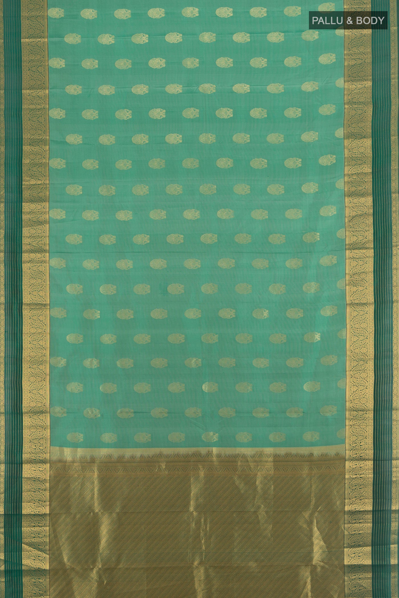 Flat view of Light Green Kanchipuram Silk Saree with Zari Butta on the body and Zari Border. 