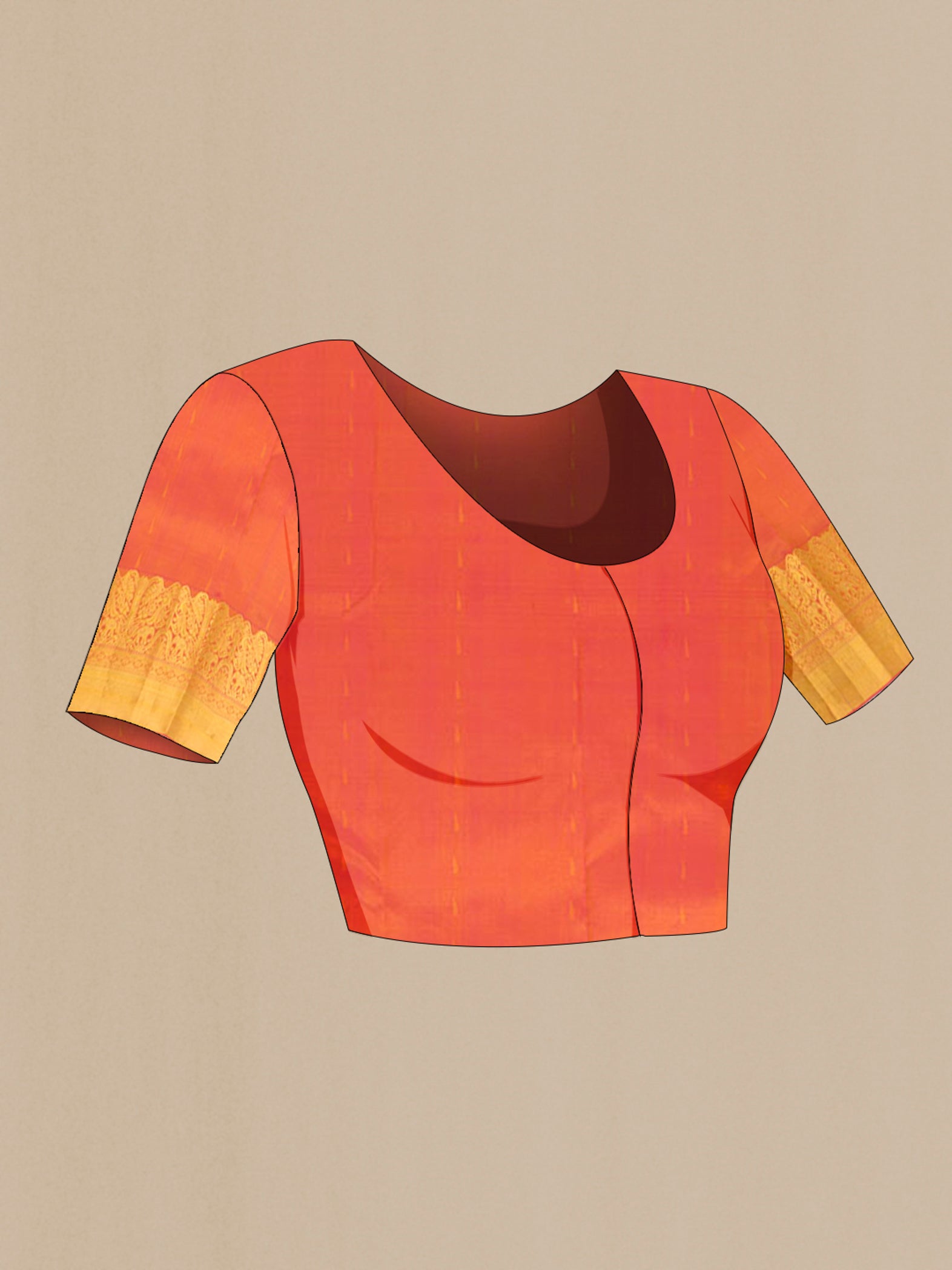 Close up image of the blouse of Yellow Kanchipuram Silk Saree with Zari Butta on the body and Zari Border. 
