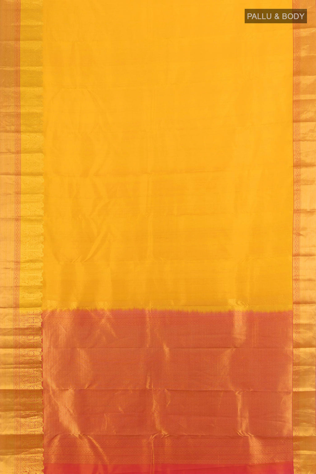 Flat view of Yellow Kanchipuram Silk Saree with Zari Butta on the body and Zari Border. 