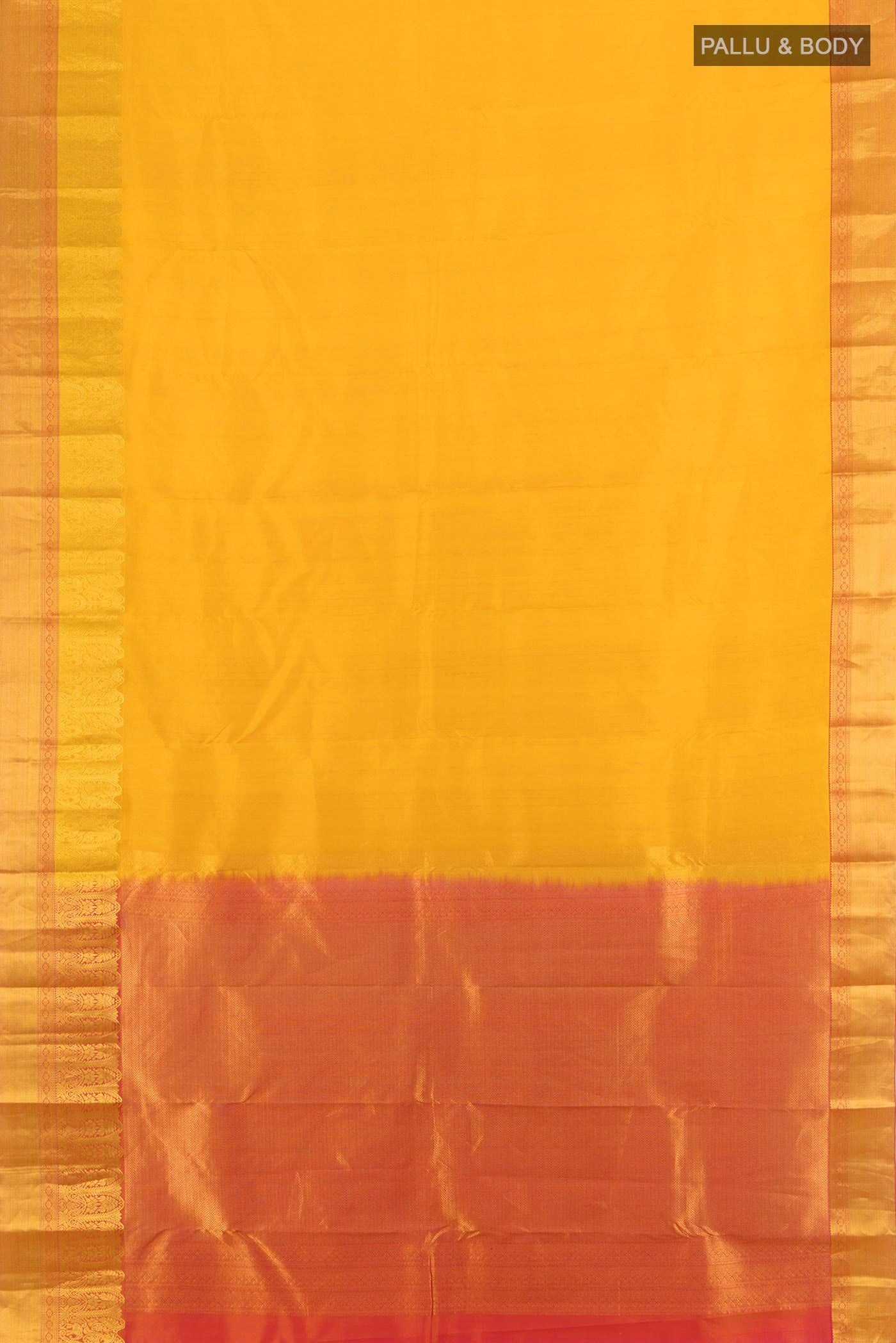 Flat view of Yellow Kanchipuram Silk Saree with Zari Butta on the body and Zari Border. 