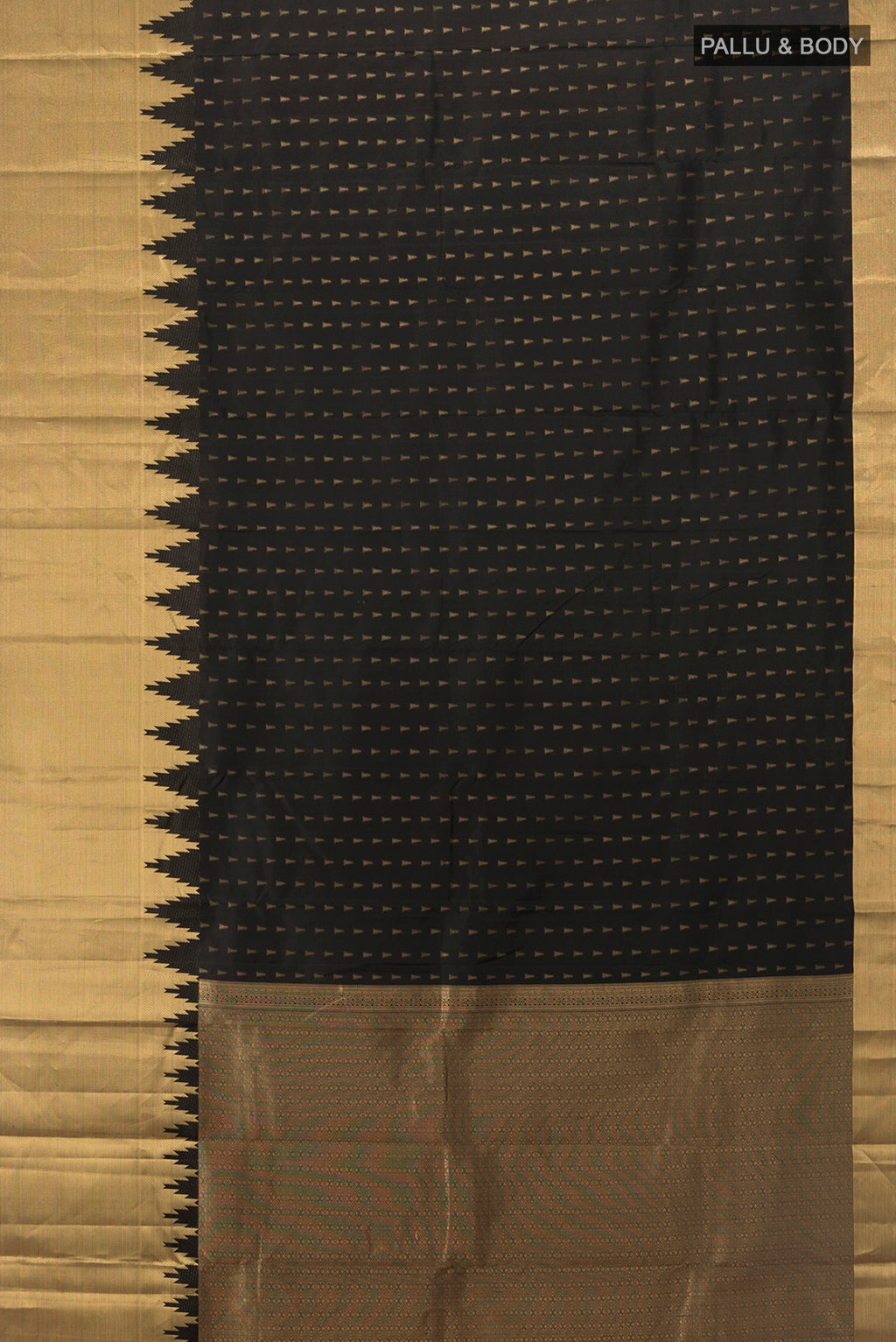 Flat view of Pure Silk Pure Zari Black Kanchipuram Saree with Zari Butta on the body and Silk Border. 