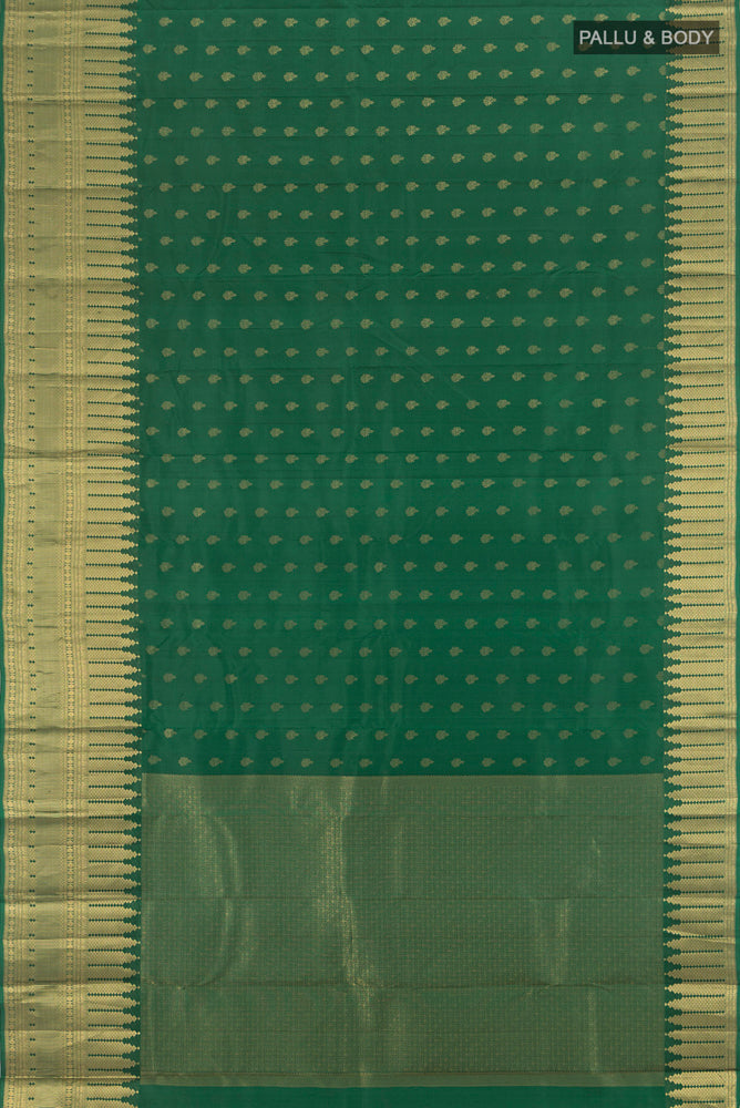 Flat view of Pure Silk Pure Zari Mint Green Kanchipuram Saree with Zari Butta on the body and Silk Border. 
