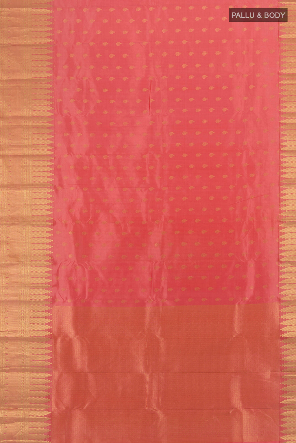 Flat view of Coral Kanchipuram Silk Saree with Zari Butta on the body and Zari Border. 