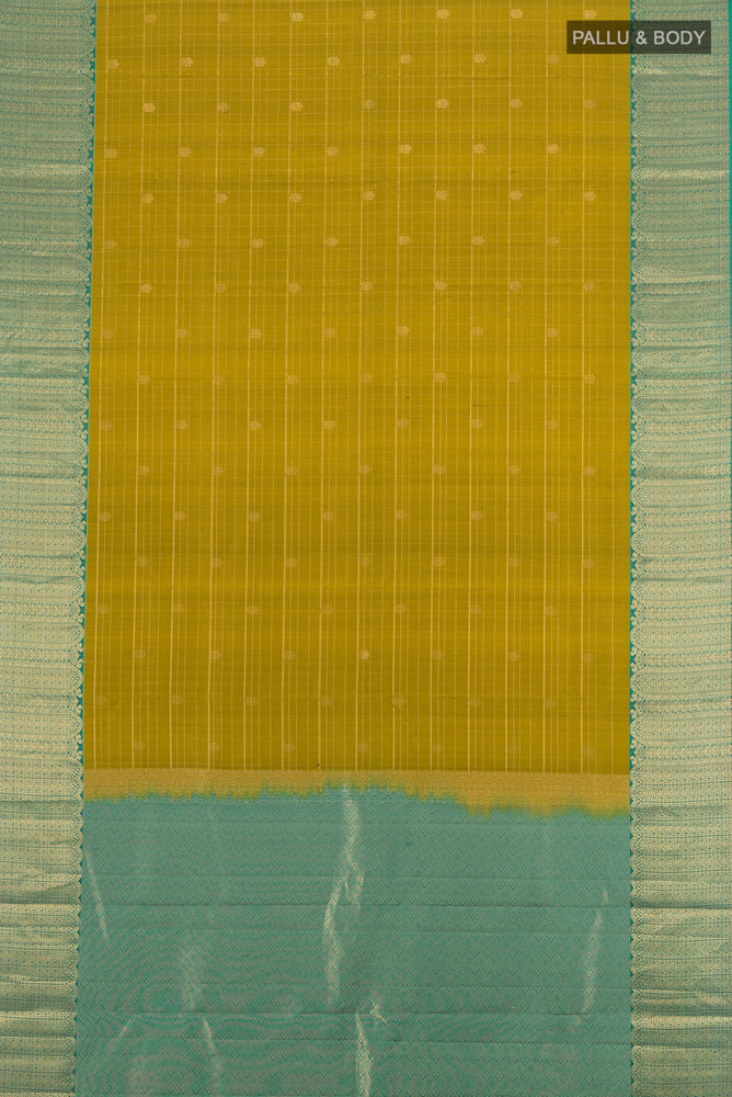 Flat view of Pure Silk Pure Zari Mehandi Green Kanjivaram Saree with Zari Brocade on the body and Silk Border. 