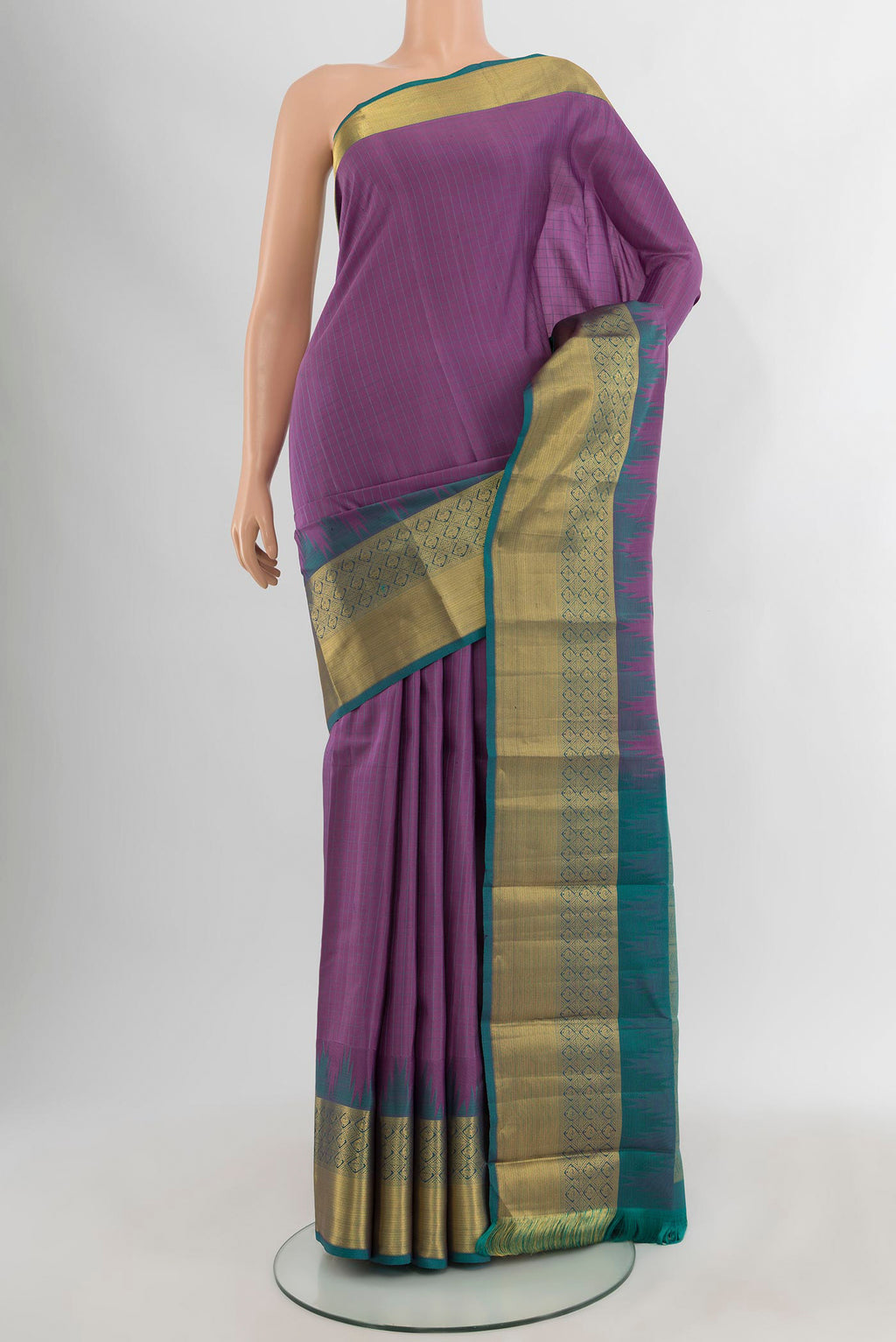 Lavender Kanjivaram Silk Saree with Stripes on the body and Zari Border.  displayed on a mannequin