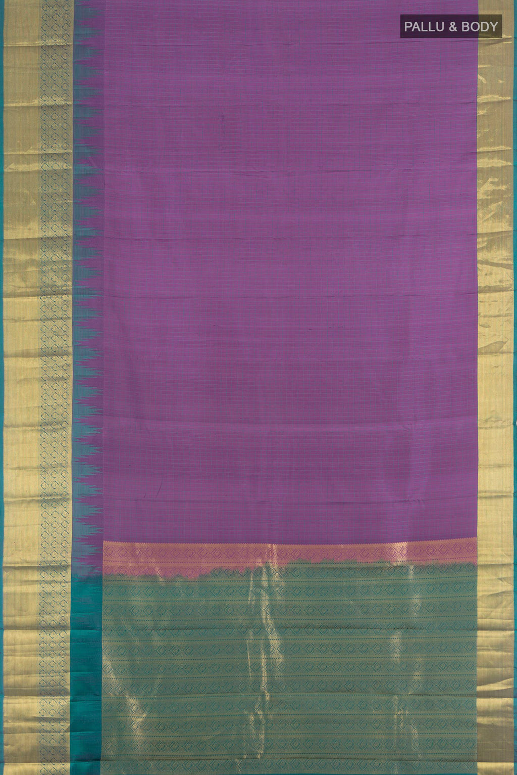 Flat view of Lavender Kanjivaram Silk Saree with Stripes on the body and Zari Border. 