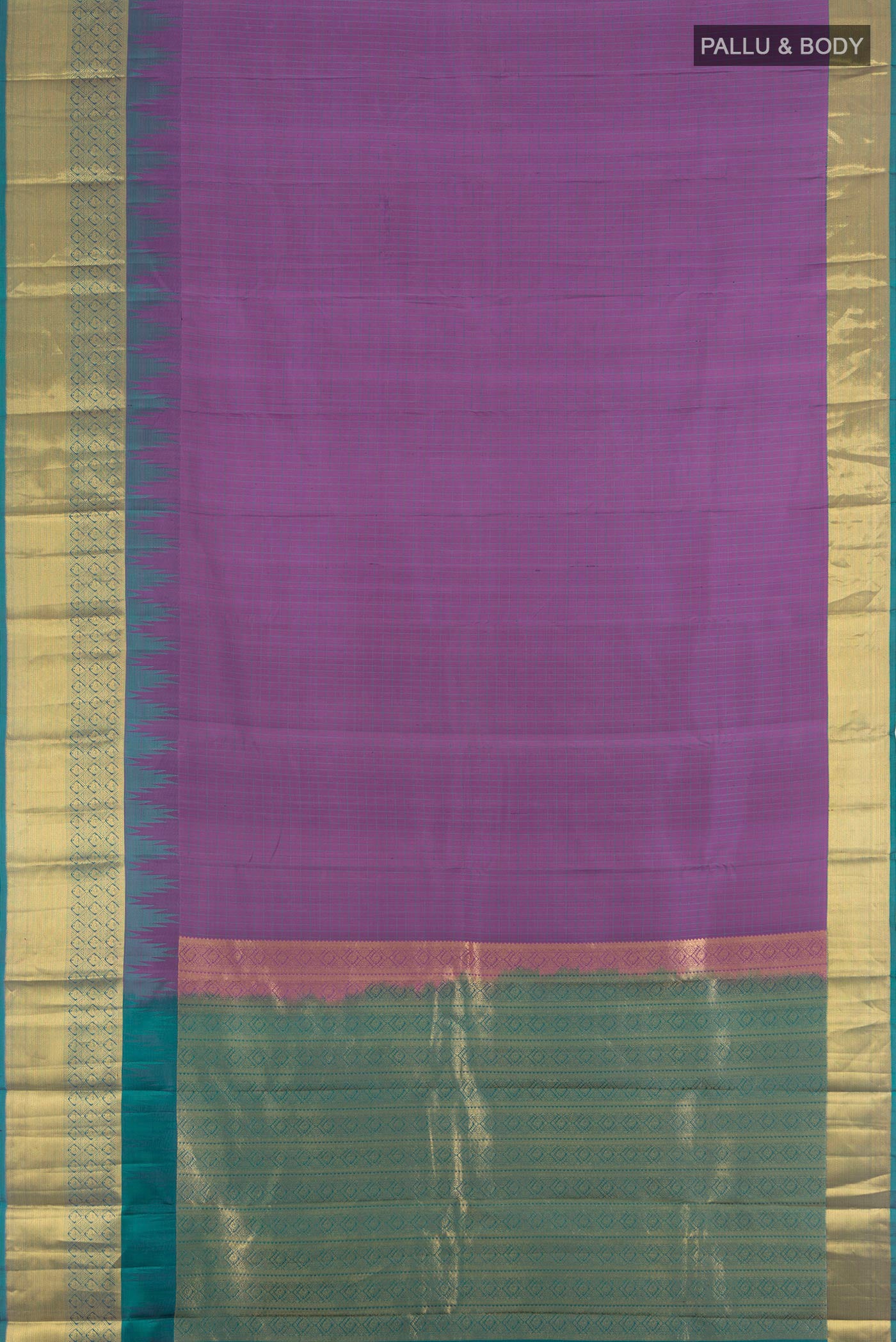 Flat view of Lavender Kanjivaram Silk Saree with Stripes on the body and Zari Border. 