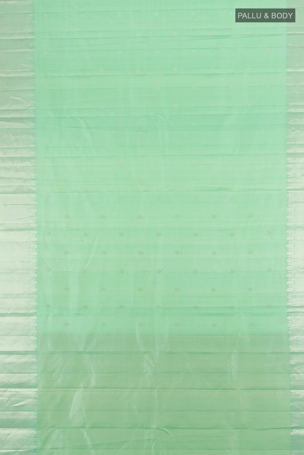 Flat view of Sea Green Kanchipuram Silk Saree with Zari Butta on the body and Silk Border. 