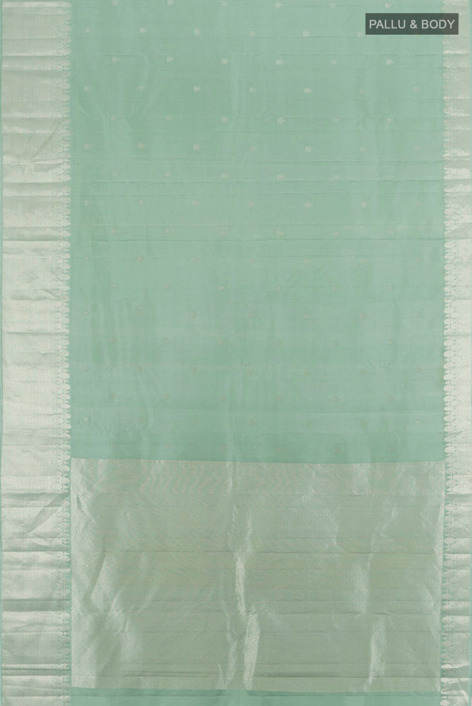 Flat view of Olive Green Kanchipuram Silk Saree with Zari Brocade on the body and Silk Border. 