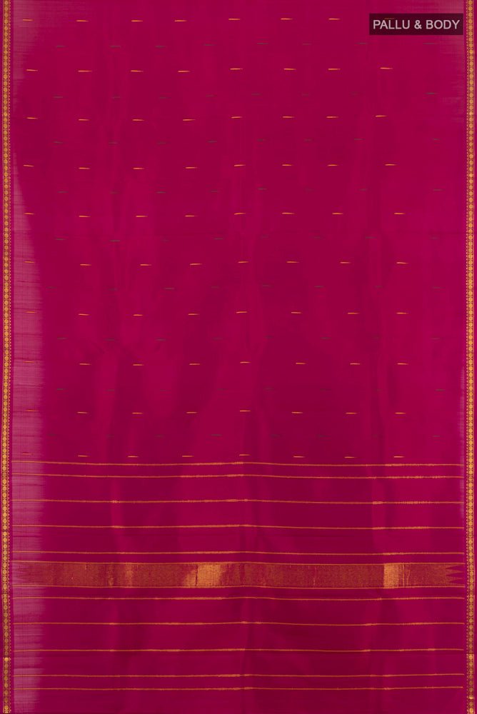 Flat view of Pure Silk Pure Zari Maroon Kanchipuram Saree with Zari Butta on the body and Silk Border. 
