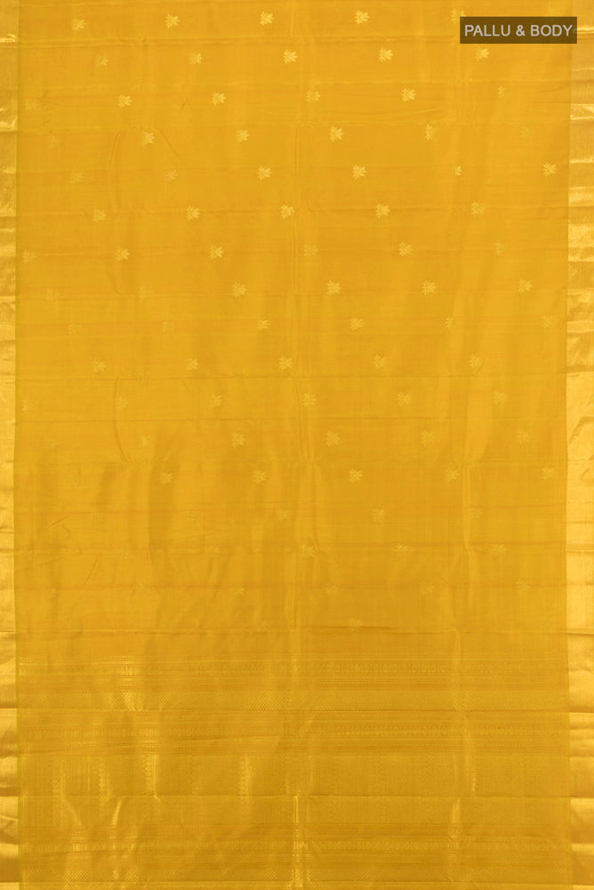 Flat view of Pure Silk Pure Zari Mustard Kanjivaram Saree with Zari Brocade on the body and Silk Border. 