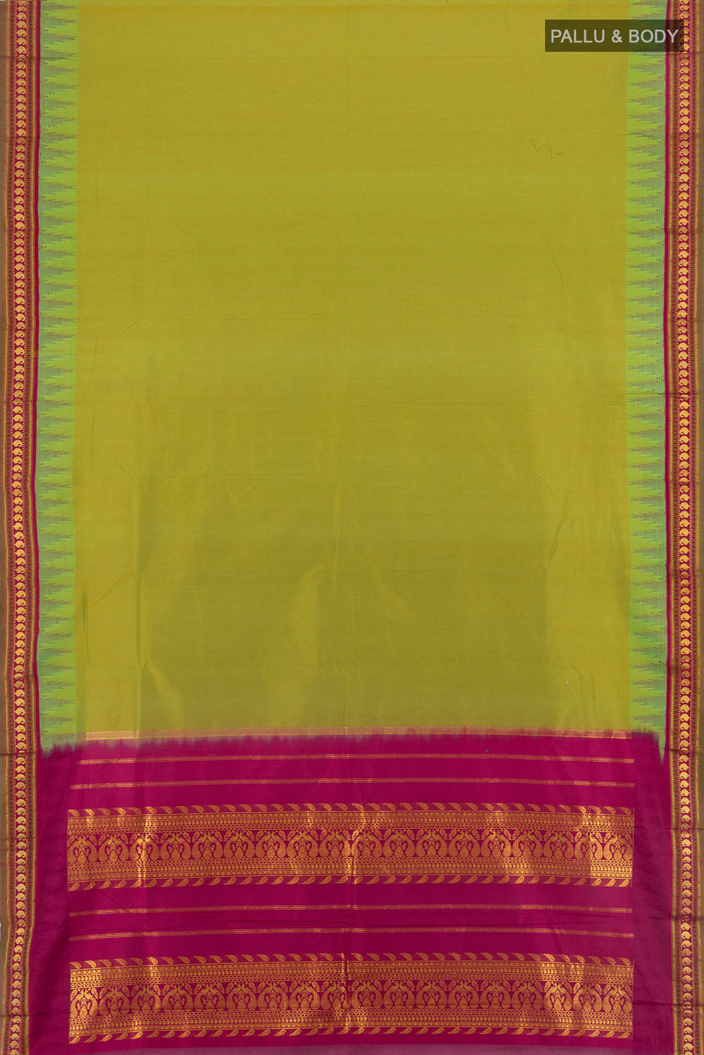 Flat view of Green Bangalore Silk - kadyal Saree with Plain Body and Zari Border. 