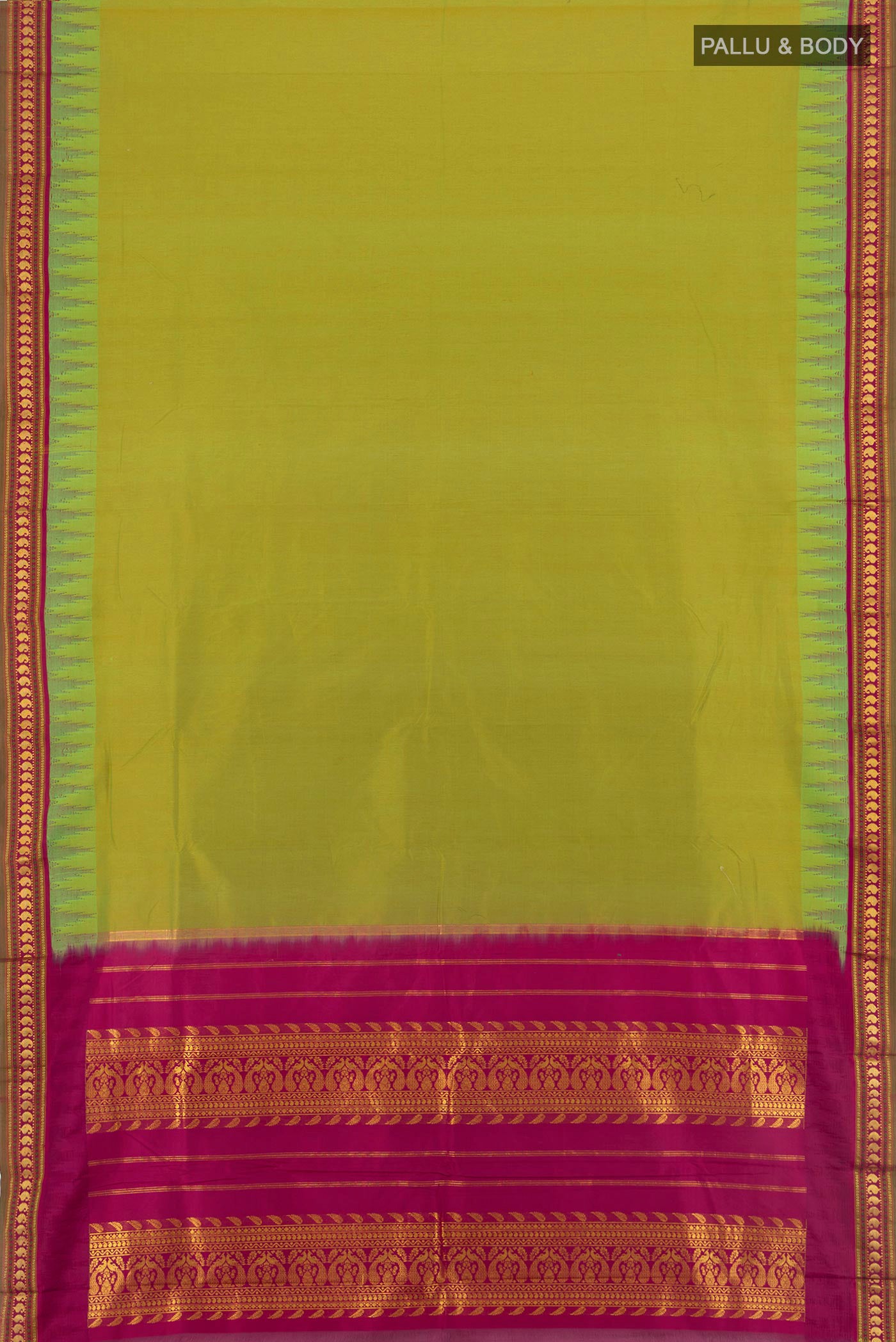 Flat view of Green Bangalore Silk - kadyal Saree with Plain Body and Zari Border. 