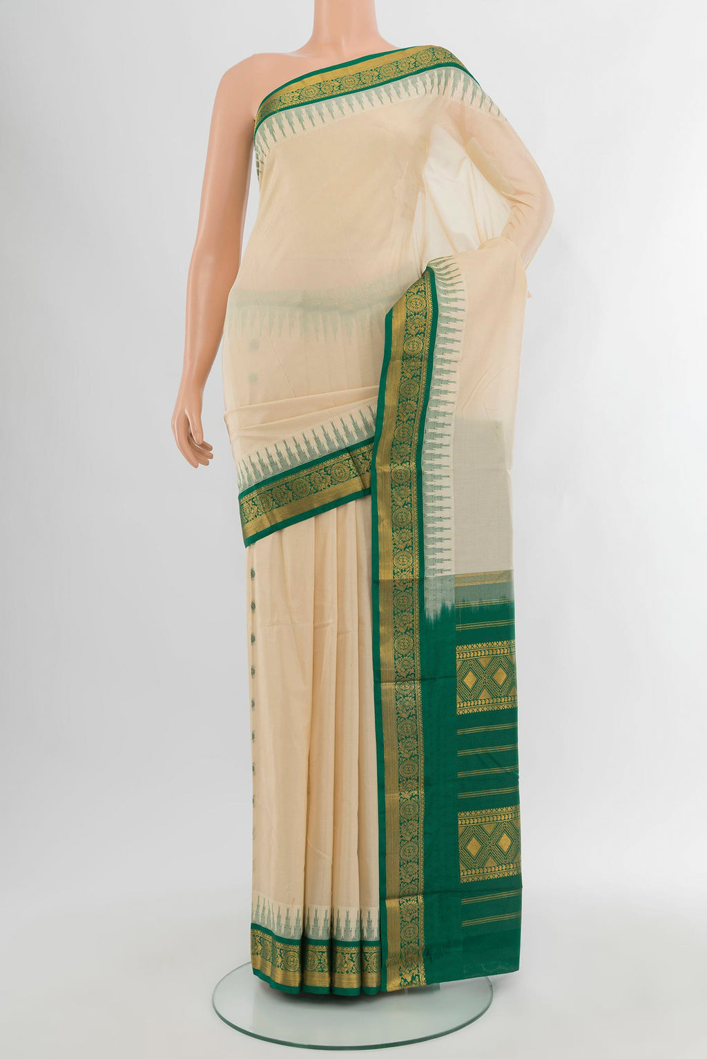 Cream Bangalore Silk - kadyal Saree with Plain Body and Zari Border.  displayed on a mannequin