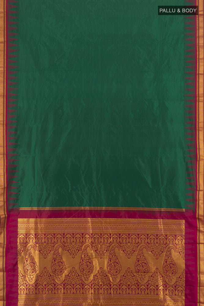 Flat view of Pure Silk Pure Zari Bottle Green Bangalore - kadyal Saree with Zari Butta on the body and Silk Border. 