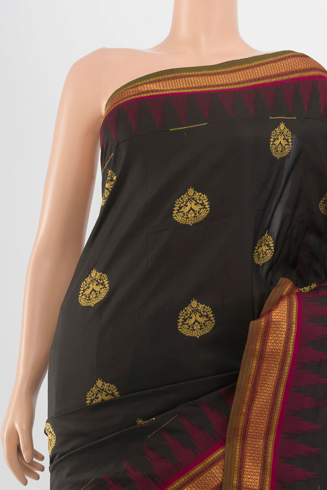 Border image of Brown Bangalore Silk - kadyal Saree with Zari Butta on the body and Silk Border. 