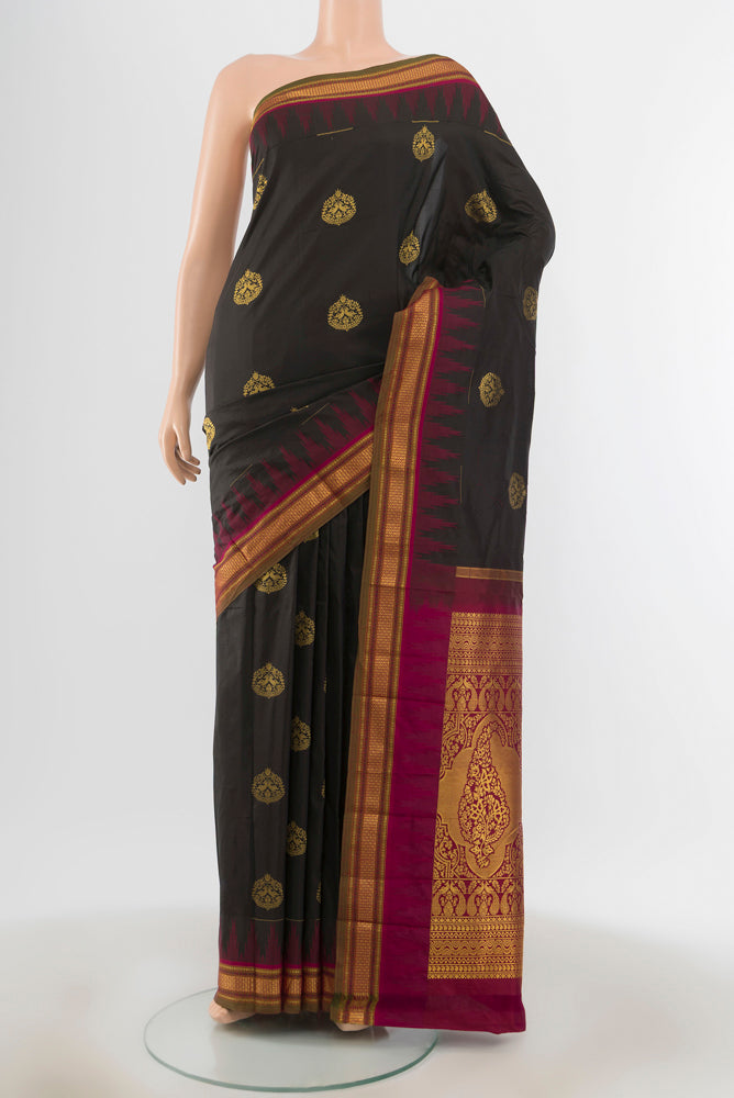 Brown Bangalore Silk - kadyal Saree with Zari Butta on the body and Silk Border.  displayed on a mannequin