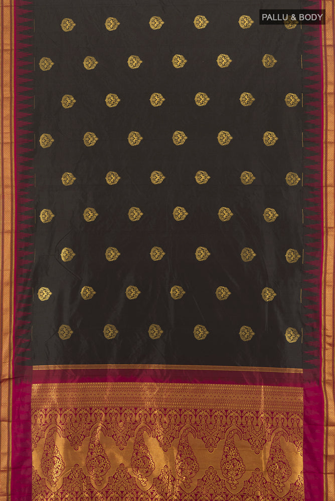 Flat view of Brown Bangalore Silk - kadyal Saree with Zari Butta on the body and Silk Border. 