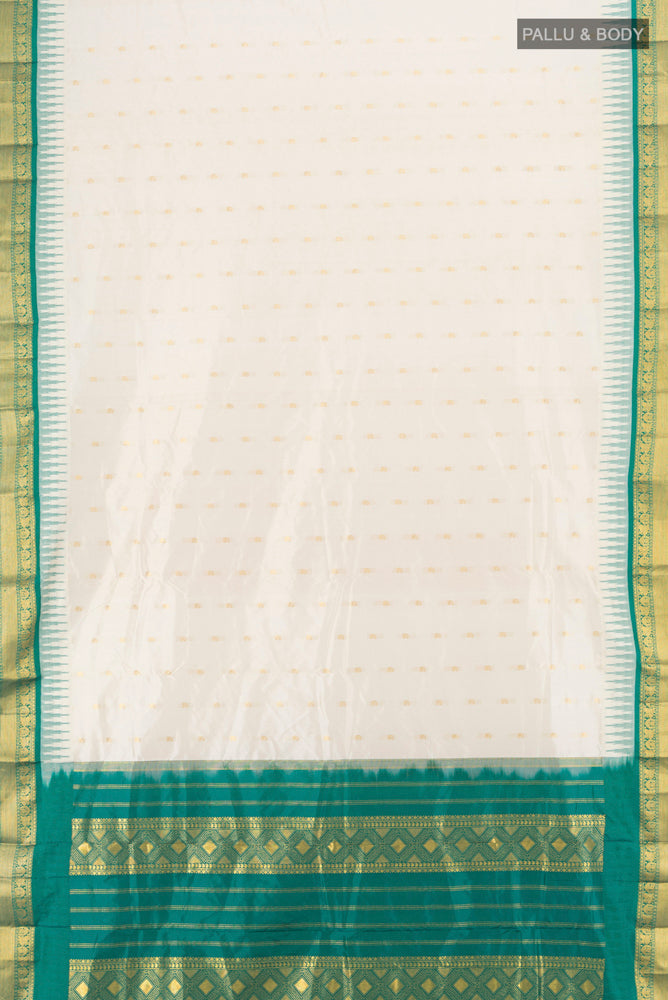 Flat view of Pure Silk Pure Zari Cream Bangalore - kadyal Saree with Zari Butta on the body and Silk Border. 