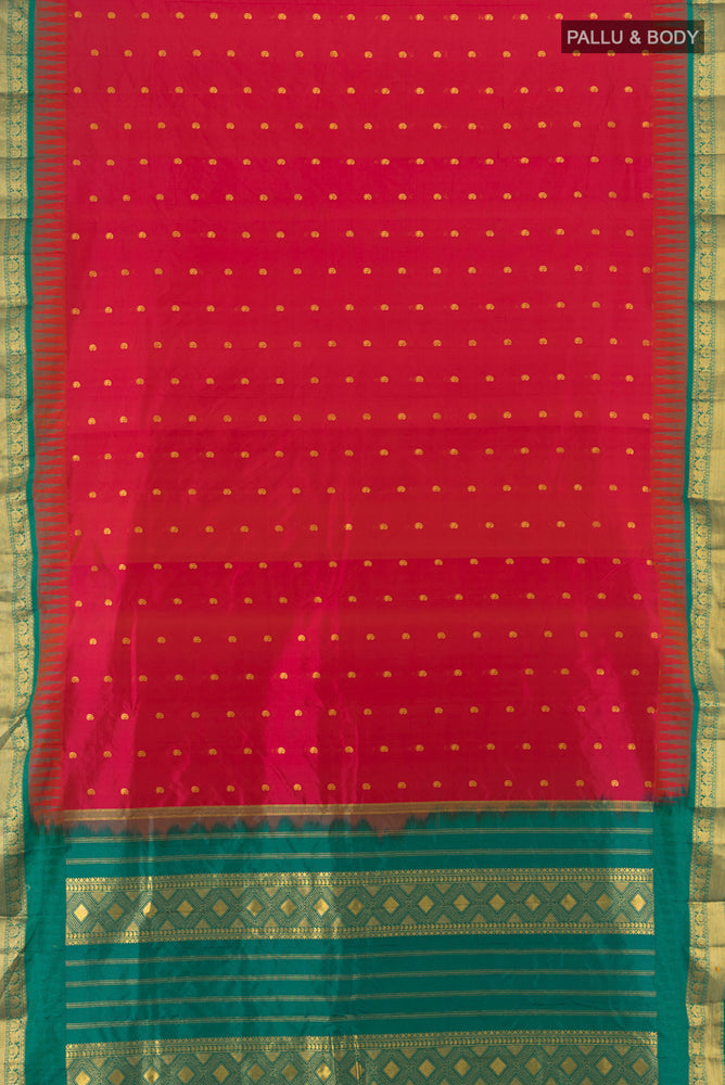 Flat view of Pure Silk Pure Zari Peach Bangalore - kadyal Saree with Zari Butta on the body and Silk Border. 