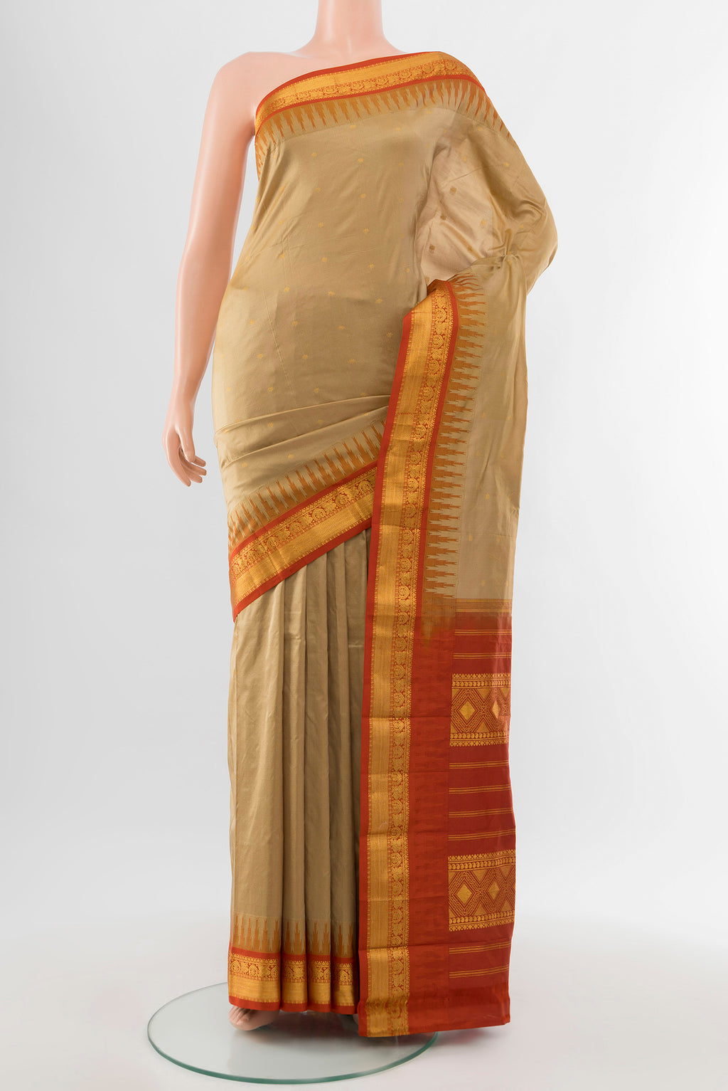 Dark Beige Bangalore Silk - kadyal Saree with Plain Body and Silk Border.  displayed on a mannequin