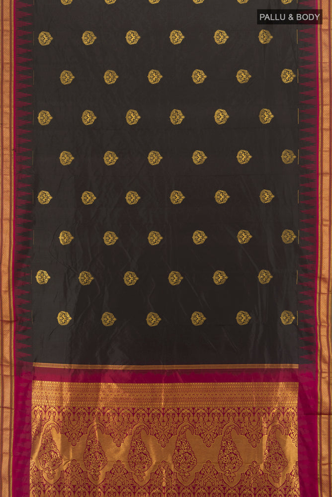 Flat view of Pure Silk Pure Zari Black Bangalore - kadyal Saree with Zari Butta on the body and Silk Border. 