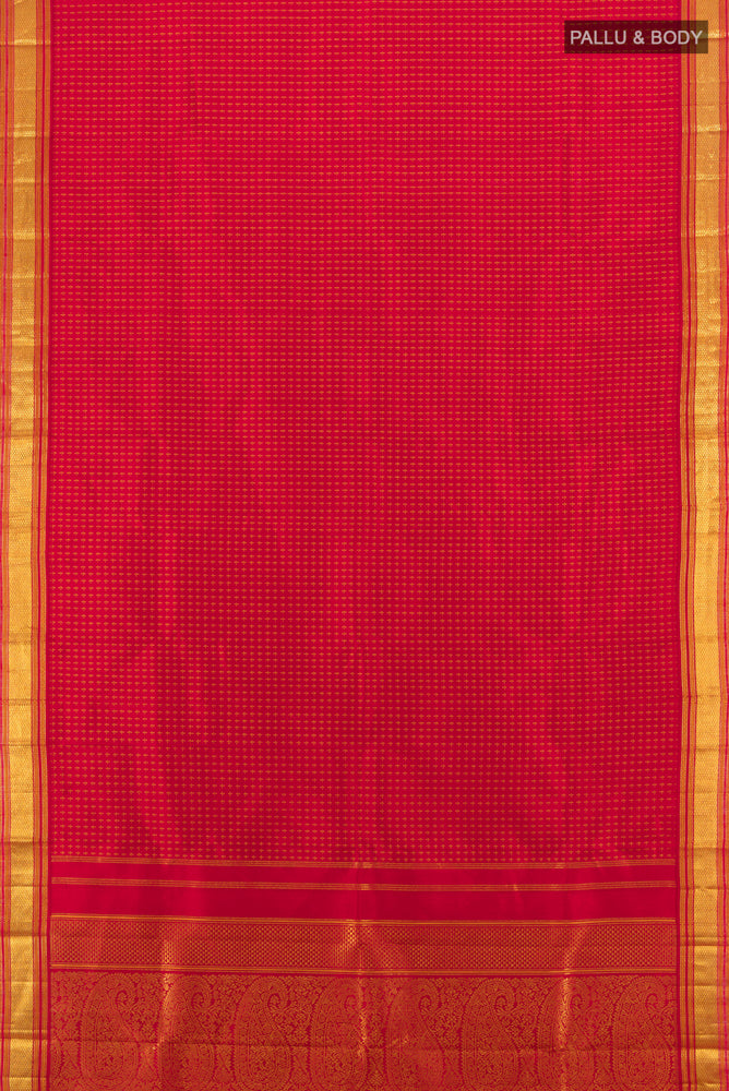 Flat view of Pure Silk Pure Zari Maroon Kanjivaram Saree with Zari Butta on the body and Silk Border. 