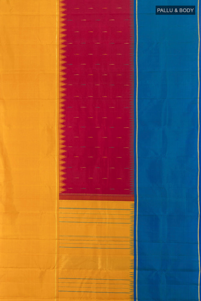 Flat view of Pure Silk Pure Zari Multi Color Kanchipuram Saree with Zari Brocade on the body and Silk Border. 