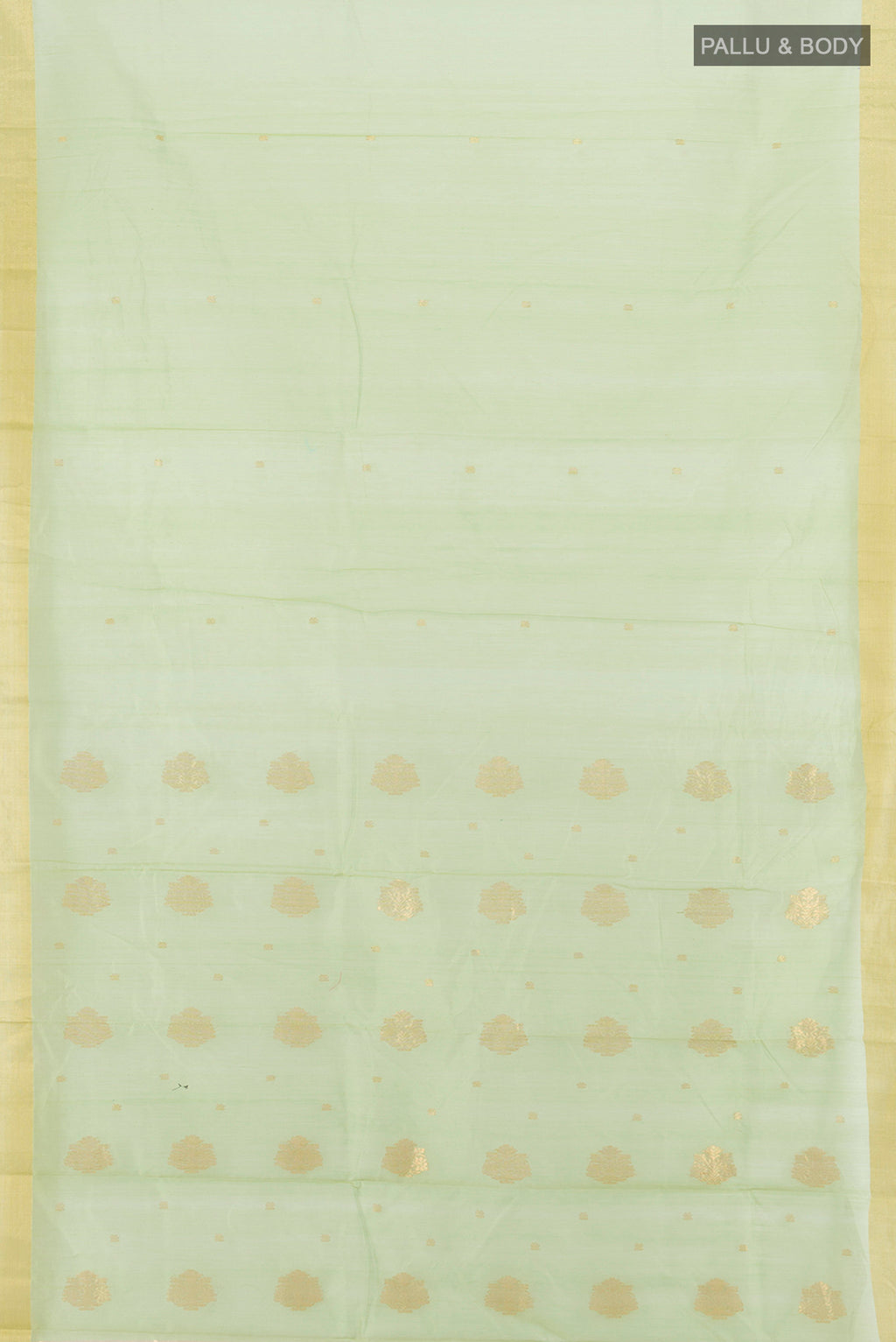 Flat view of Pista Green Chanderi Silk Cotton Saree with Zari Butta on the body and Zari Border. 