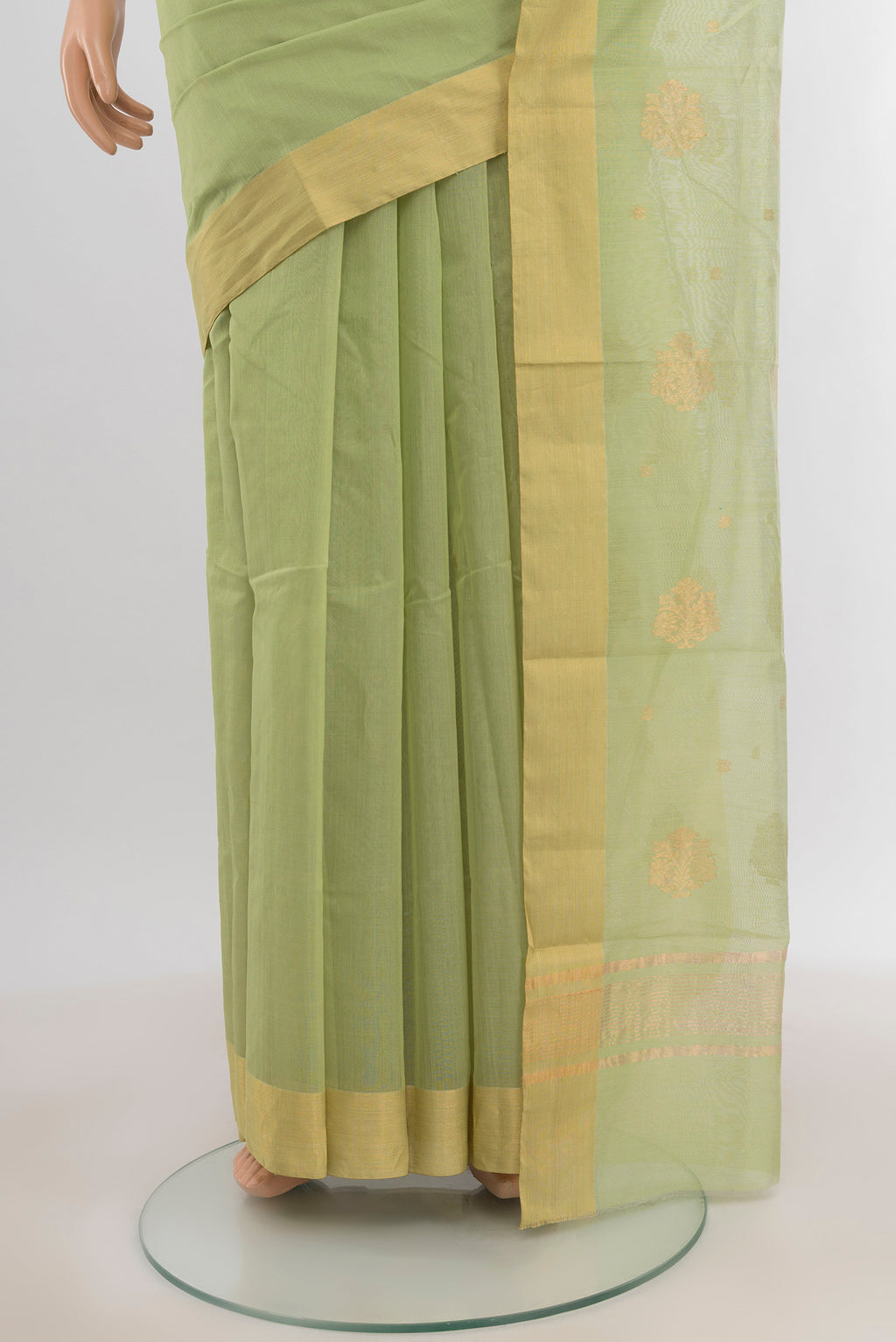 Pleats and pallu of Pista Green Chanderi Silk Cotton Saree with Zari Butta on the body and Zari Border. 