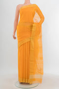 Orange Chanderi Silk Cotton Saree with Zari Butta on the body and Zari Border.  displayed on a mannequin