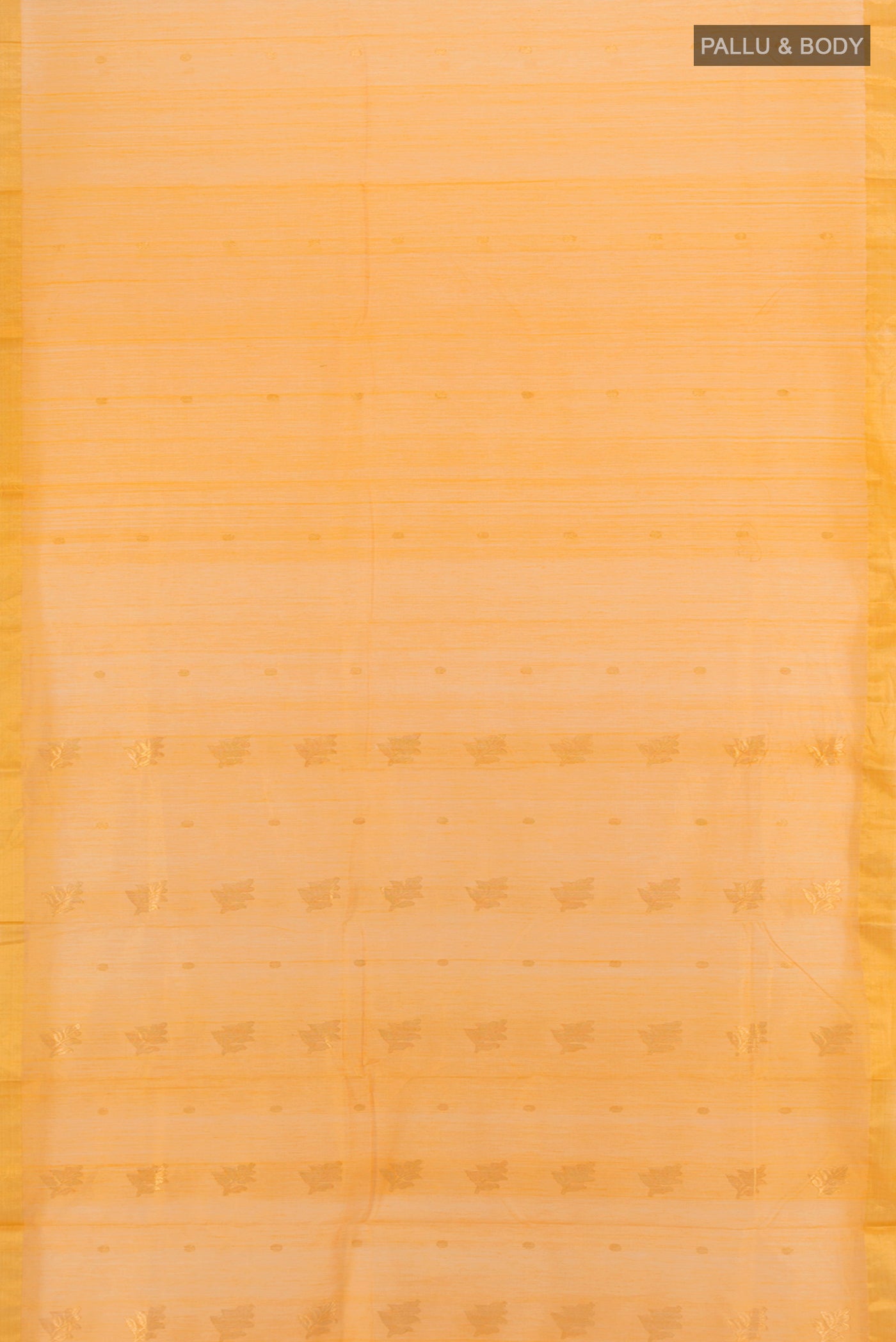 Flat view of Orange Chanderi Silk Cotton Saree with Zari Butta on the body and Zari Border. 