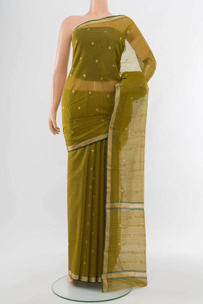 Mehandi Green Chanderi Silk Cotton Saree with Zari Butta on the body and Silk Border.  displayed on a mannequin