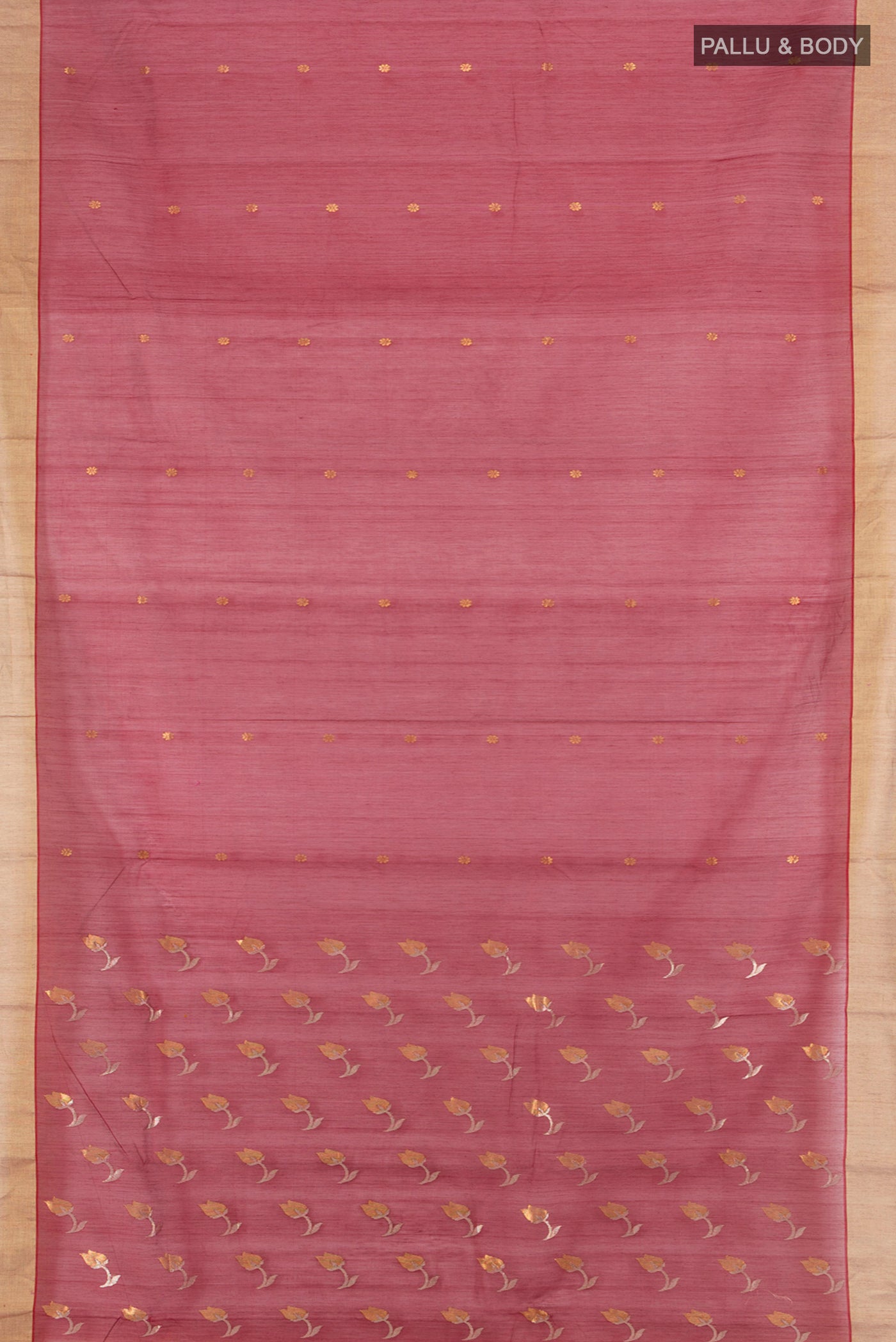 Flat view of Maroon Chanderi Silk Cotton Saree with Zari Butta on the body and Zari Border. 
