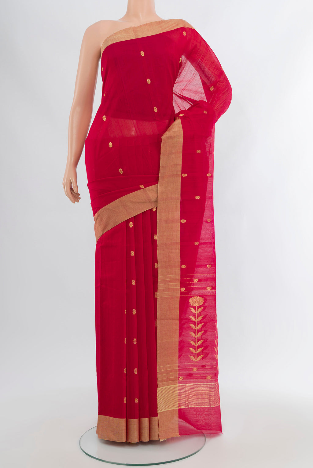 Red Chanderi Silk Cotton Saree with Zari Butta on the body and Zari Border.  displayed on a mannequin