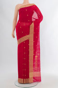 Red Chanderi Silk Cotton Saree with Zari Butta on the body and Zari Border.  displayed on a mannequin